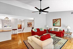 Large spacious living room with wet bar