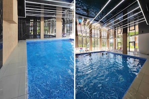 An inviting indoor swimming pool surrounded by large windows offering an open and bright atmosphere. The space is ideal for relaxation and leisu