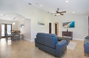 Relax in the living room. We have cable, HBO, Showtime, sports, cooking channel.