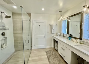 Large glass shower, double sinks