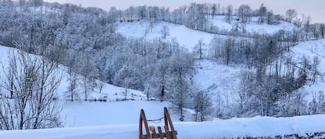 Petit déjeuner avec vue sur les monts du Cantal enneigés