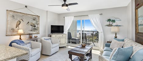 Beachy living room with recently updated furniture
