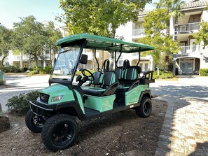 Enhance your stay! Rent our lifted 6-seater electric golf cart with LED underglow lights, Bluetooth speakers, larger tires, and a 30-mile lithium battery range—Send us a message for seasonal pricing or weekly discounts!