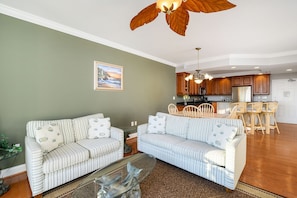 Relax after a long day at the beach with ample, cozy seating.