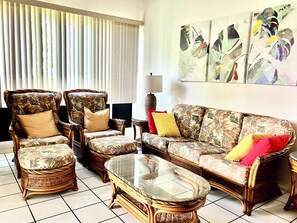 Relax in comfortable rattan sofa and chairs in the living room