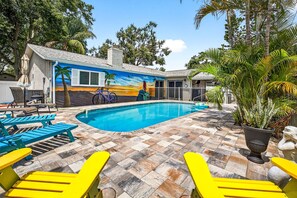 Beautiful private pool with floats & sun chairs. Equipped with a safety gate.