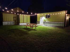NEW for 2024, custom made 8' long, extra wide table and 100 Edison bulbs!