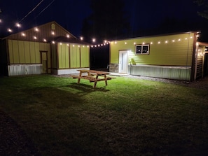 NEW for 2024, custom made 8' long, extra wide table and 100 Edison bulbs!