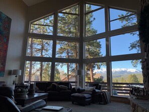 View of snow-capped Pikes Peak mountain. 