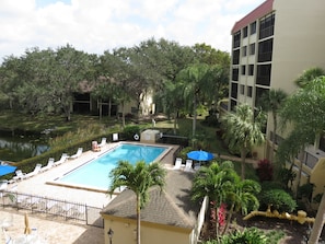 The heated pool shared by the two buildings on the property.