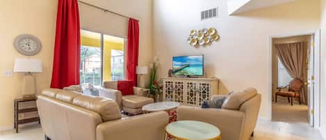 Great Gathering Area - Main Living Area w/Plenty of Leather Seating, Flat Screen TV and Pool View