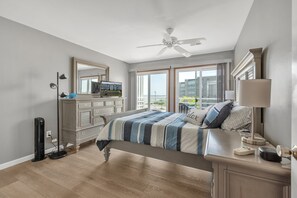 Master bedroom provides comfortable Queen bed with fans and white noise makers. 