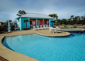 Main Outdoor, Communal Pool - The main pool is located within walking distance of the cottage and offers a small clubhouse with restrooms for convenience. Pool 2 is located at the front of the complex before crossing the wooden bridge.