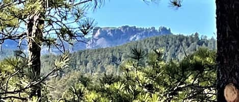 Looking off balcony, Mount Rushmore lite up at night.