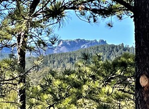 Looking off balcony, Mount Rushmore lite up at night.