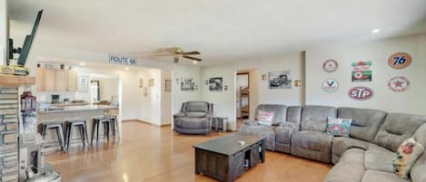 Plenty of seating in our large living room. The couch folds out to make a bed.