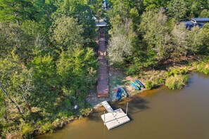 The floating dock on the pond.