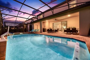Our relaxing lanai features table seating for 12, four sun loungers, a hot tub, and a gas BBQ.
