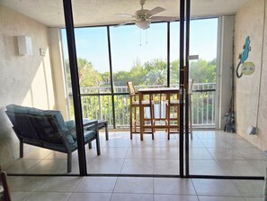 Balcony overlooks the peaceful butterfly garden.