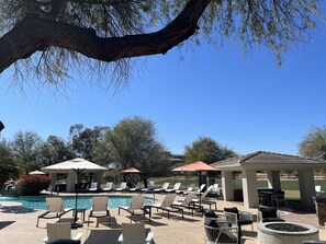 Resort style pool, cabanas, hot tub, firepit all overlooking golf course