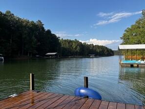 Our dock is covered and has one slip for a boat and a jet ski launch