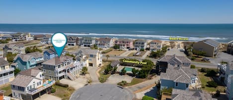 Aerial view with community pool and a short walk to the beach access
