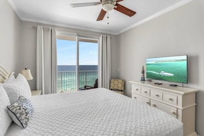 The Primary bedroom has a KING Bed with a new award-winning Helix mattress and adjustable base (2024), smart TV, large closet, and bathroom with dual vanity and NEW Walk in shower.