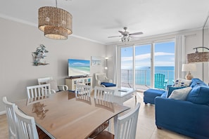 The dining table has room for 6. Gulf front dining from the comfort of your own condo!