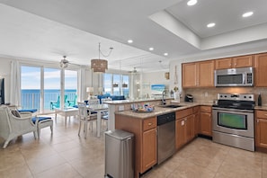 The kitchen features stainless steel appliances and granite countertops and is fully stocked so you can prepare meals while enjoying those Gulf views!