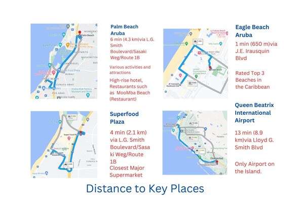 Airport
13 min (8.9 km) via Lloyd G. Smith Blvd

Superfood
4 min (2.1 km) via L.G. Smith Boulevard/Sasaki Weg/Route 1B

Palm Beach
6 min (4.3 km) via L.G. Smith Boulevard/Sasaki Weg/Route 1B

Eagle Beach
1 min (650 m) via J.E. Irausquin B