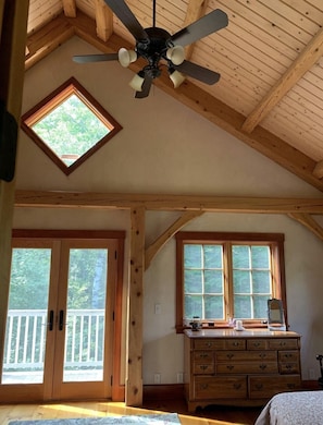 Master bedroom with deck, full bath, cathedral ceilings and Mountain View’s