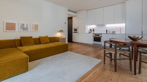View of a elegant and modest combination of the living room with a modern kitchenette #lisbon #airbnb #downtown #portugal