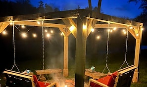 Custom firepit with swings and solar powered lighting