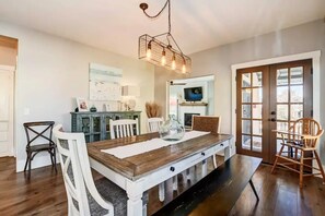 Large dining room table with bench