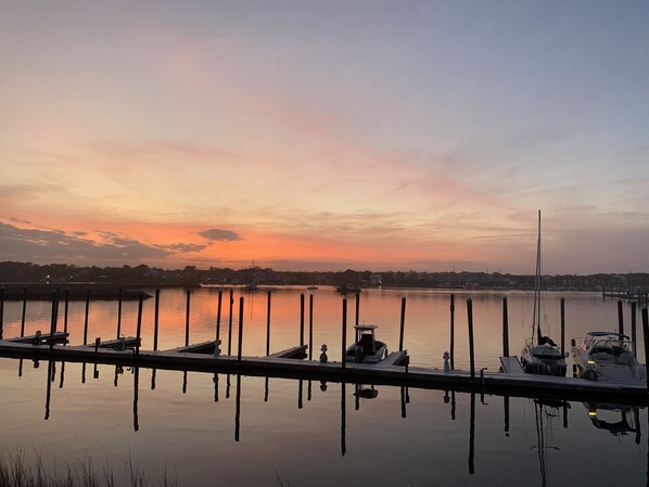 Sunset from balcony off living area. (1 boat slip available with rental). 