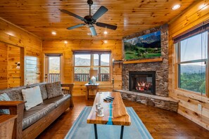 Main level living room: Fireplace, TV, 2 sleepers, & views