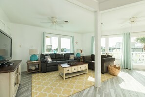 Bright and airy living room with wall of windows