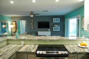 Open concept kitchen and living room area.