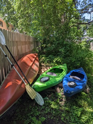 two kayaks and a 17 ft canoe.