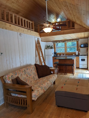 living room with ladder leading up to loft 