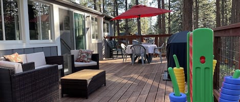 Deck with seating, BBQ & games