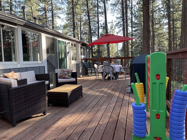 Deck with seating, BBQ & games