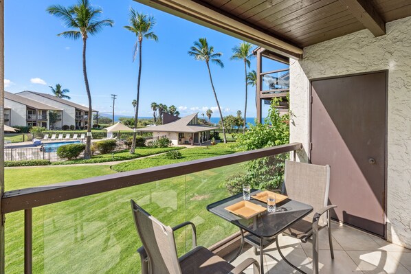 View from your lanai with the blue Pacific steps away.