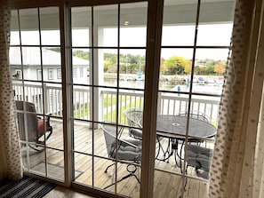 View of deck/marina from living room