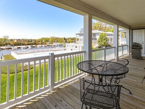 Riverfront deck for dining, grilling must be done outside the garage