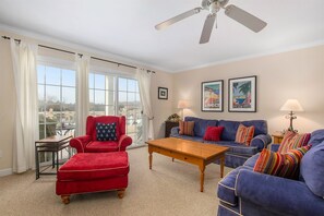 Living room with river channel views