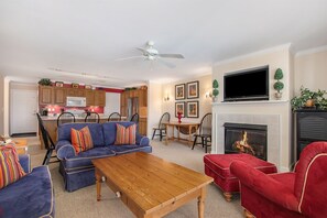 Living area, dining space plus counter seating