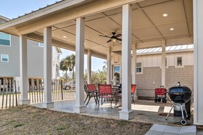 Covered Patio | 1,300 Sq Ft | Walk to Beach