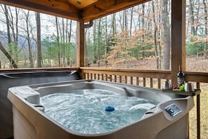 Back Porch | 4-person hot tub | Forrest in your backyard
