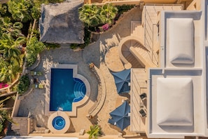 Aerial view of poolside patio